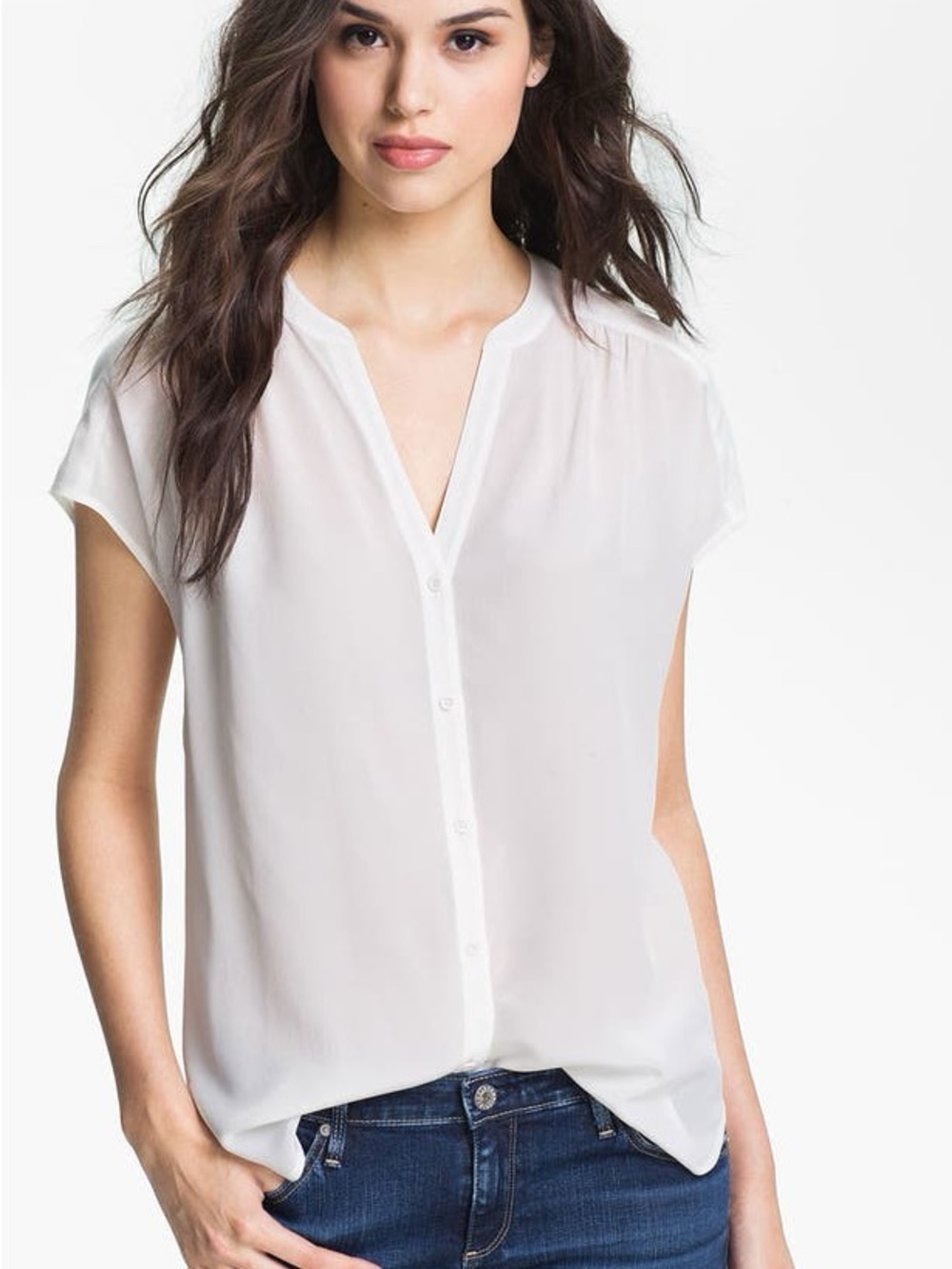 hinge 100% Silk Ivory Blouse Cap Sleeve Button Front Nordstrom Minimalist XS